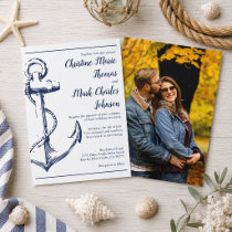 Navy Nautical Sketch Anchor Photo Wedding Invitation