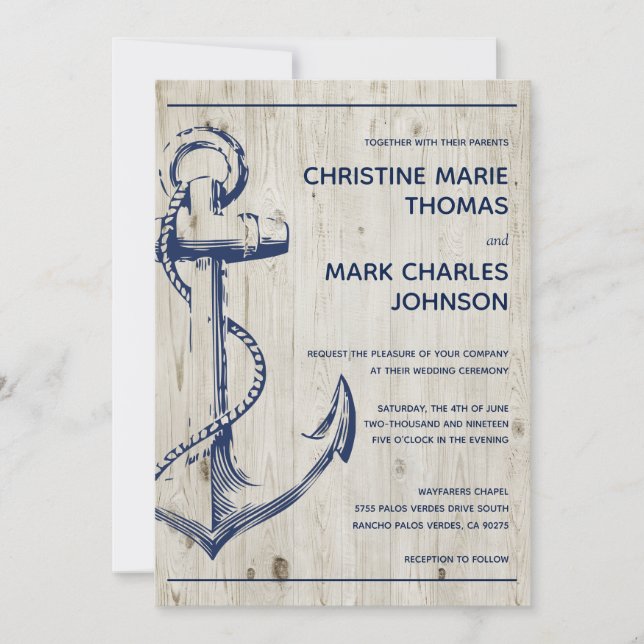 Navy Nautical Sketch Anchor Rustic Wedding Invitation (Front)