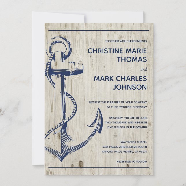 Navy Nautical Sketch Anchor Rustic Wedding Invitation (Front)