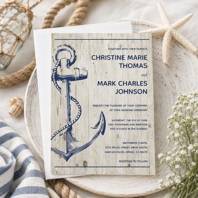 Navy Nautical Sketch Anchor Rustic Wedding Invitation (Tie the knot with this navy nautical sketch anchor with rustic wood wedding invitation)