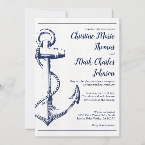 Navy Nautical Sketch Anchor Script Font Wedding Invitation