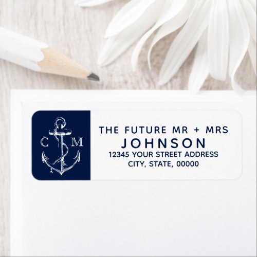 Navy Nautical Sketch White Anchor Monogram  Label