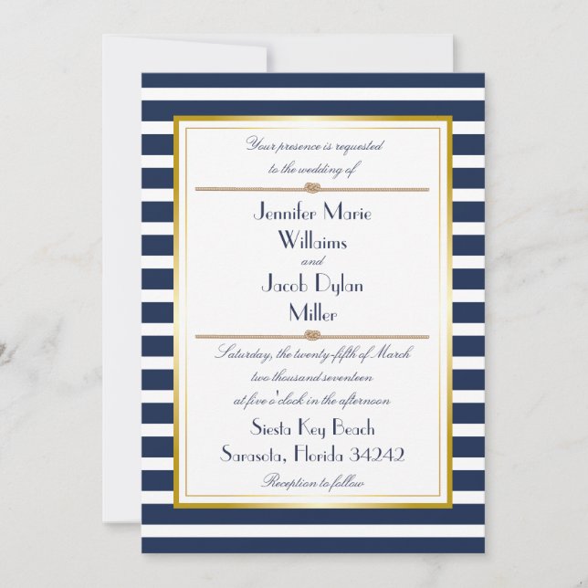 Navy Nautical Stripe Rope Wedding Invitation (Front)