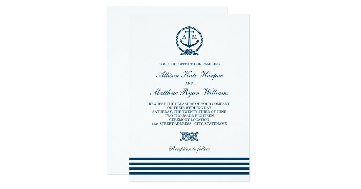 Navy Nautical Stripes Anchor Monogram White Invitation Zazzle Com