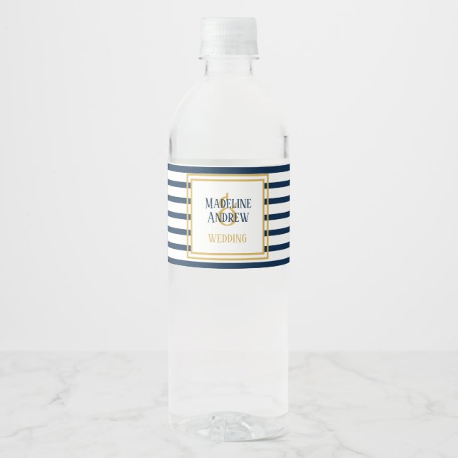Navy Nautical Stripes Anchor Wedding Water Bottle Label (Front)
