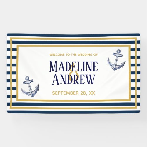 Navy Nautical Stripes and Anchor Custom Wedding Banner