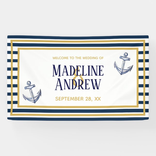 Navy Nautical Stripes and Anchor Custom Wedding Banner (Horizontal)