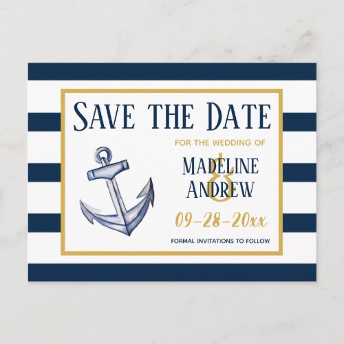 Navy Nautical Stripes and Anchor Save the Date Announcement Postcard