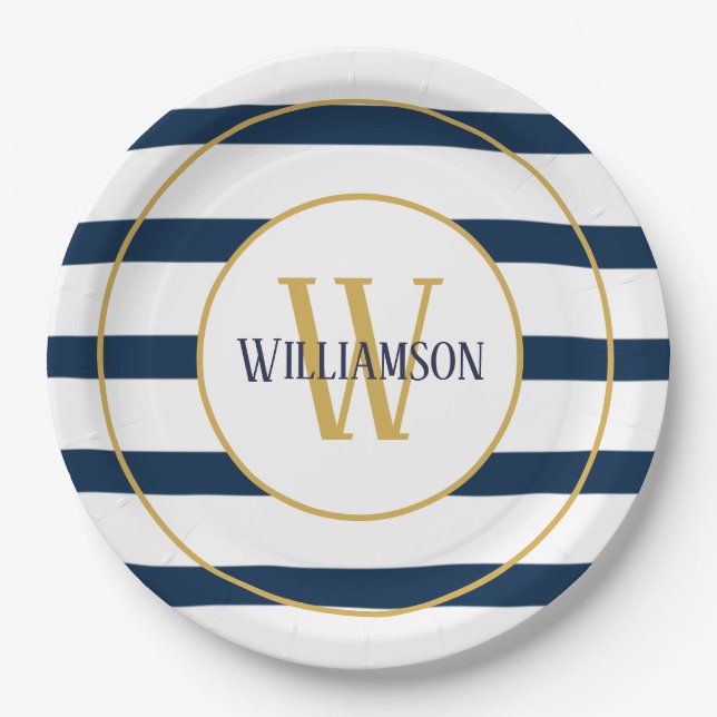 Navy Nautical Stripes Monogram Name Paper Plates (Front)