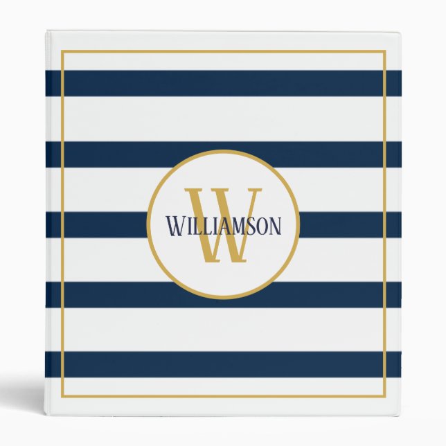 Navy Nautical Stripes Personalized Monogram Name 3 Ring Binder (Front)