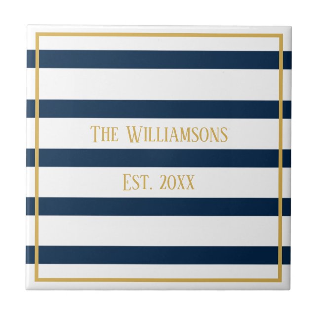 Navy Nautical Stripes Personalized Wedding Ceramic Tile (Front)