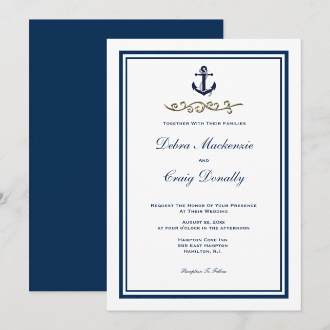 Navy Nautical Style Anchor Wedding Invitation (Front/Back)