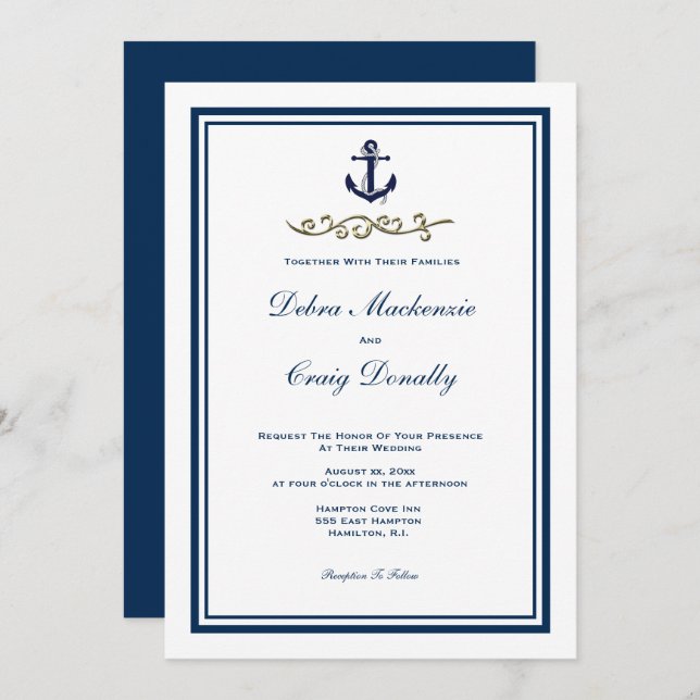 Navy Nautical Style Anchor Wedding Invitation (Front/Back)