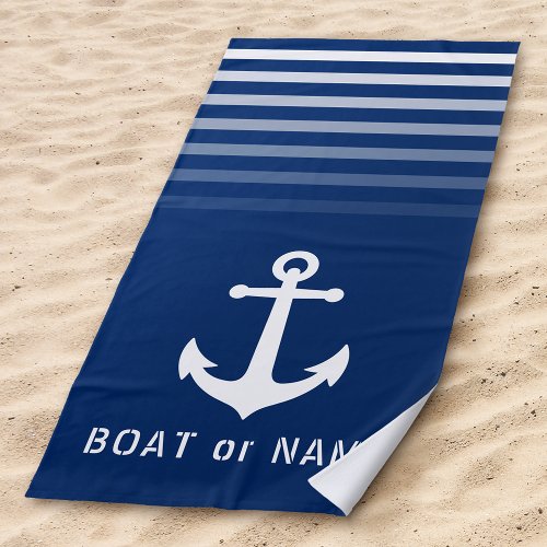 Navy Nautical Vintage Anchor Your Name or Boat Beach Towel