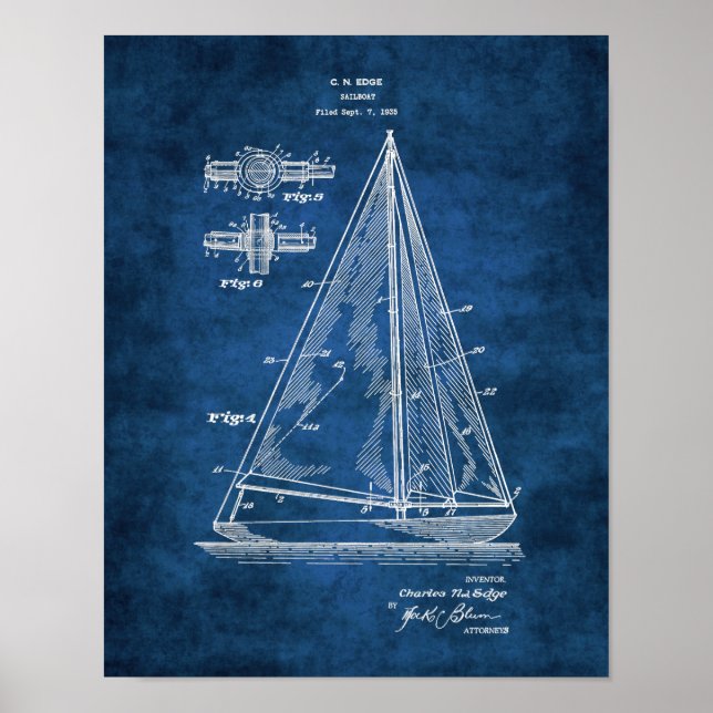 Navy Nautical Wall Decor Sailboat Patent #5 (Front)