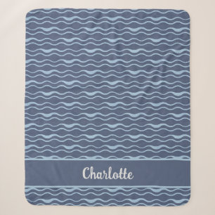 Navy Nautical Waves with Custom Name Coastal Home Sherpa Blanket