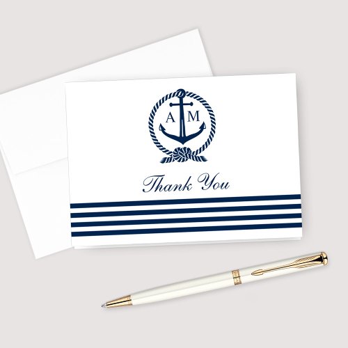 Navy Nautical Wedding Anchor Monogram White Thank You Card