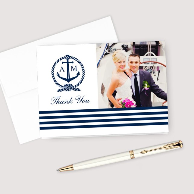 Navy Nautical Wedding Monogram Photo Thank You Card (Creator Uploaded)