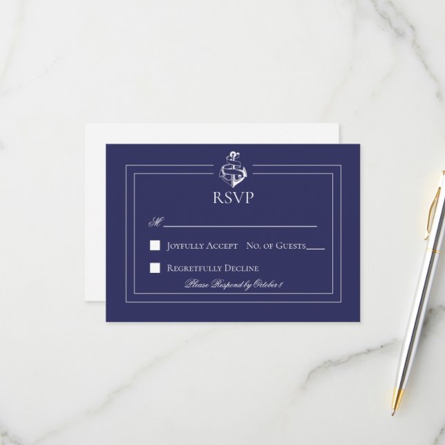 Navy Nautical Wedding RSVP Card (Front/Back In Situ)
