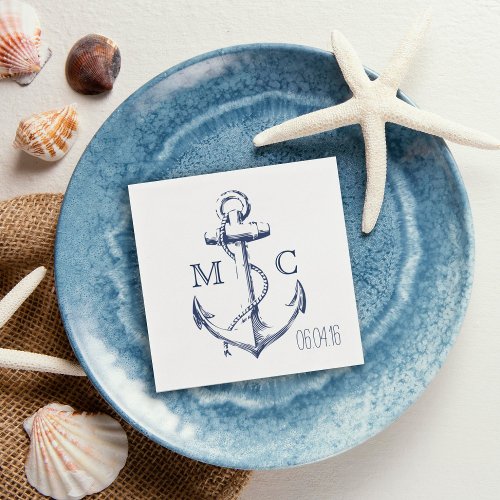 Navy Nautical White Anchor Monogram Napkins