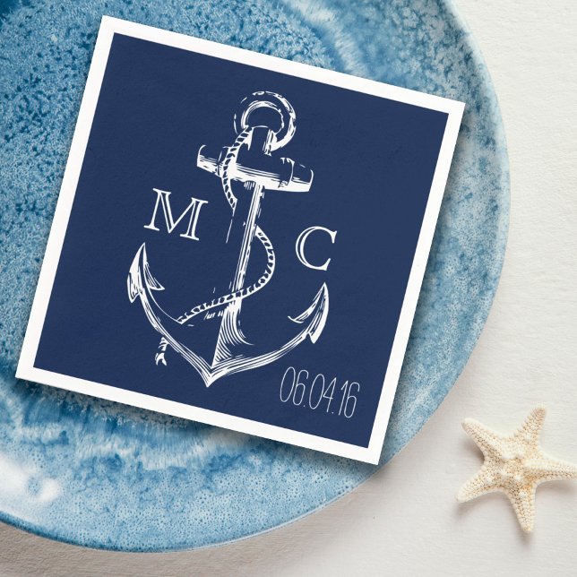 Navy Nautical White Anchor Napkins (Creator Uploaded)