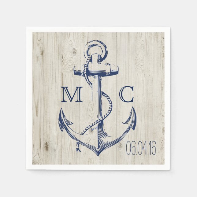 Navy Nautical White Anchor Rustic Wood Monogram Napkins (Front)