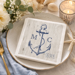 Navy Nautical White Anchor Rustic Wood Monogram Napkins