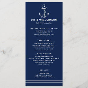 Navy Nautical White Anchor Sea Side Wedding Menu