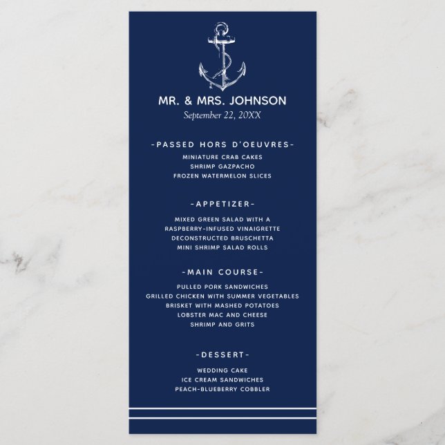 Navy Nautical White Anchor Sea Side Wedding Menu (Front)