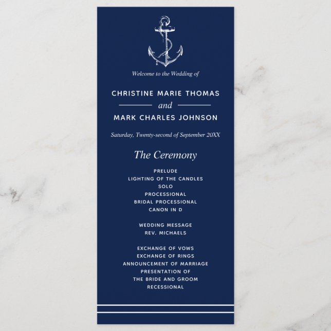 Navy Nautical White Anchor Wedding Program (Front)