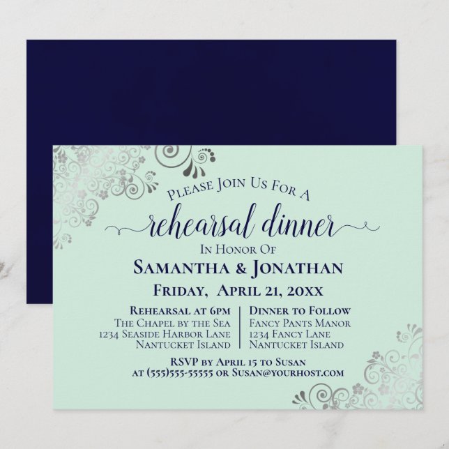 Navy & Neo Mint Green Wedding Rehearsal & Dinner Invitation (Front/Back)