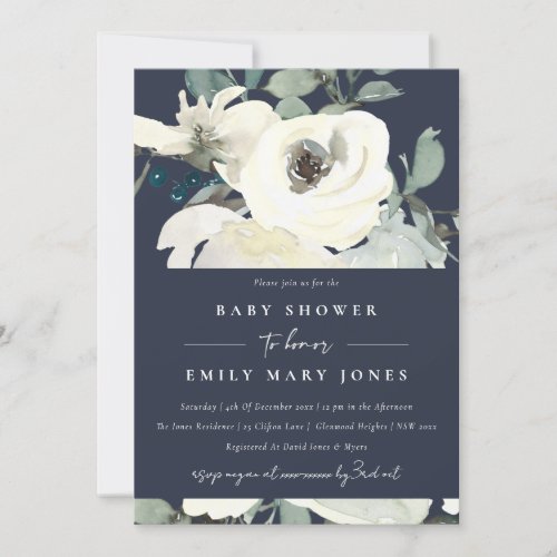 NAVY NEUTRAL IVORY WHITE FLORAL BUNCH BABY SHOWER INVITATION