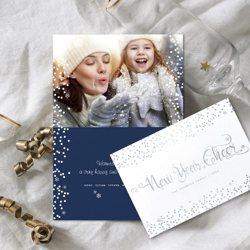 Navy New Year Cheer Photo Snowflakes Script Silver Foil Card