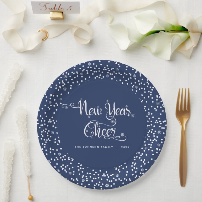 Navy New Year Cheer White Snowflake Script Elegant Paper Plates (Wedding)