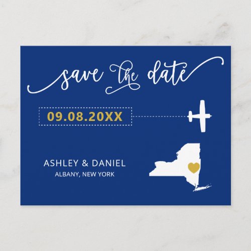Navy New York Wedding Save the Date Map Postcard