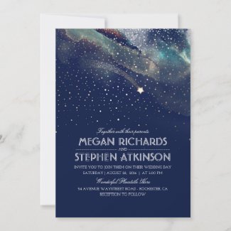 Navy Night Gold Shooting Star Elegant Wedding Invitation