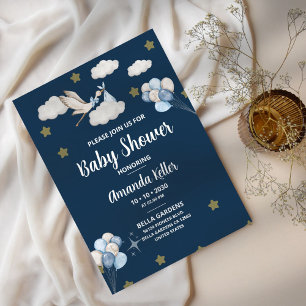 Navy Night Sky Stork Baby Shower Invitation