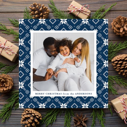 Navy Nordic Snowflake Pattern Photo Holiday Card