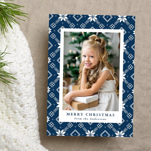 Navy Nordic Snowflake Pattern Photo Holiday Card