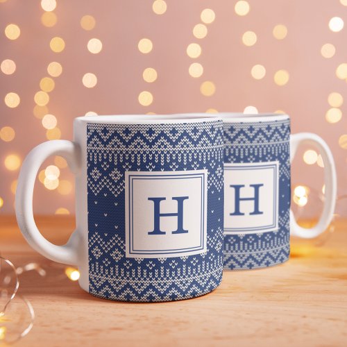 Navy Nordic Sweater Pattern Monogram Holiday  Coffee Mug