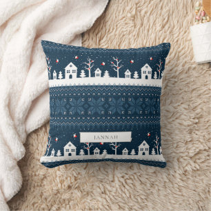 Navy Nordic Winter Village Fair Isle Throw Pillow