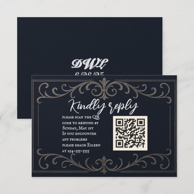 Navy Nuptial QR Code Wedding RSVP Card (Front/Back)