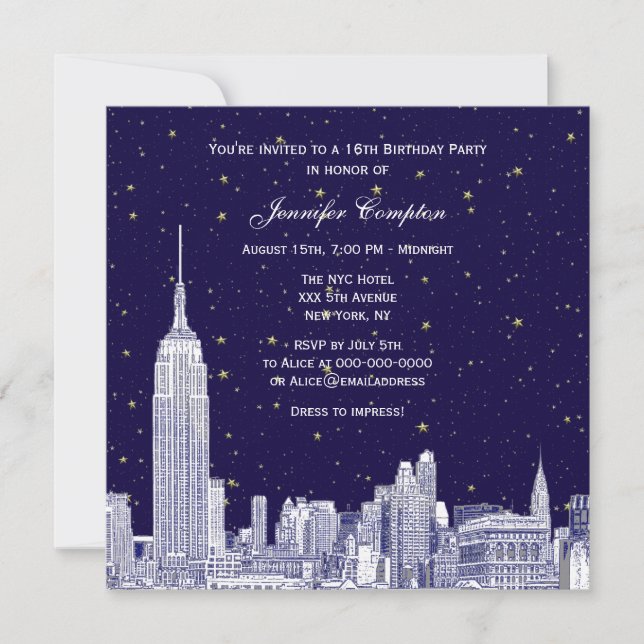 Navy NYC Skyline Etch Starry DIY BG Sweet 16 SQ #2 Invitation (Front)