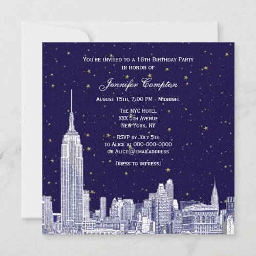 Navy NYC Skyline Etch Starry DIY BG Sweet 16 SQ #2 Invitation