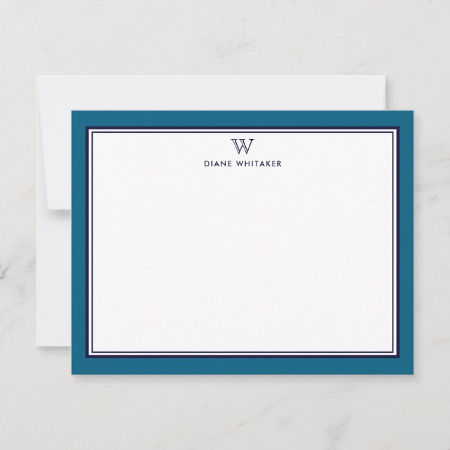 NAVY & OCEAN BLUE Classic Monogram Double Frame Note Card (Front)