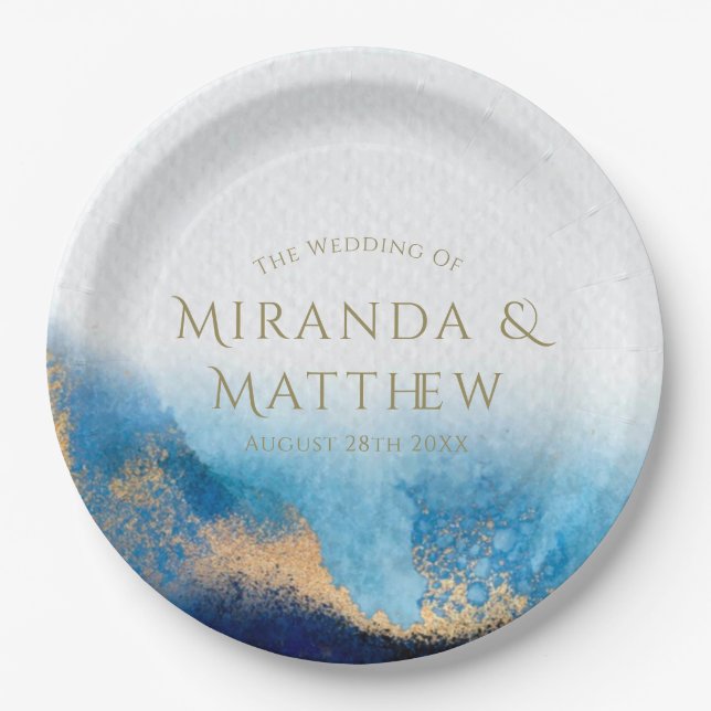Navy Ocean Blue Gold Glitter Agate Wedding Paper Plates (Front)