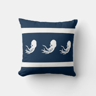 navy octopus / squid on white PILLOW coastal