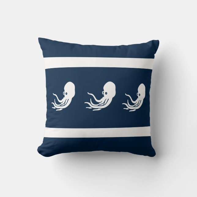 navy octopus / squid on  white  PILLOW coastal (Front)