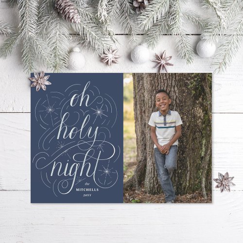 Navy Oh Holy Night Hand Lettering Christmas Photo Holiday Card