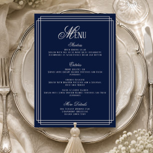 Navy Old Money Wedding Menu Card